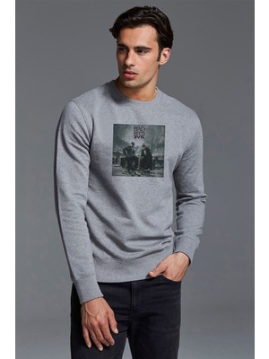 Qivi Bad Meets Evil Ep Cover Bad Baskılı Gri Erkek Örme Sweatshirt Uzun Kol