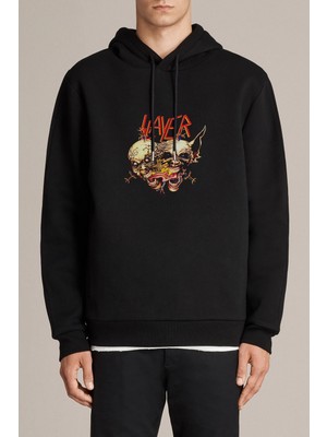 Qivi Slayer Death Metal Heavy Thrash Dark Baskılı Siyah Erkek Örme Kapşonlu Sweatshirt Uzun Kol