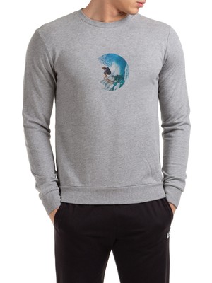 Qivi Kiss Surfing Sport Hotel Waikiki Beach Baskılı Gri Erkek Örme Sweatshirt Uzun Kol
