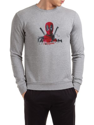Qivi Deadpool 3D Boyut Baskılı Gri Erkek Örme Sweatshirt Uzun Kol