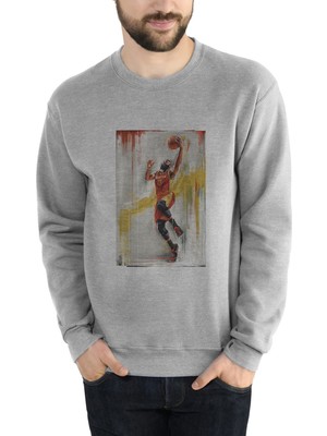Qivi Basketbolcu Spor Baskılı Gri Erkek Örme Sweatshirt Uzun Kol