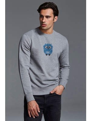 Qivi Mavi Baykuş Resim Baykuş Sevimli Mavi Baskılı Gri Erkek Örme Sweatshirt Uzun Kol