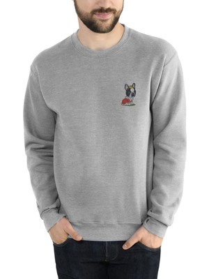 Qivi Bulldog Köpek Baskılı Gri Erkek Örme Sweatshirt Uzun Kol