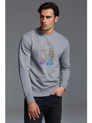 Qivi Friends Best Baskılı Gri Erkek Örme Sweatshirt Uzun Kol