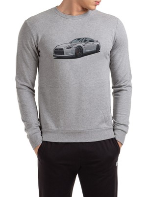 Qivi Nissan Gt R Ön Baskılı Gri Erkek Örme Sweatshirt Uzun Kol