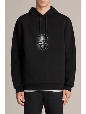 Qivi Skull Rose Baskılı Siyah Erkek Örme Kapşonlu Sweatshirt Uzun Kol