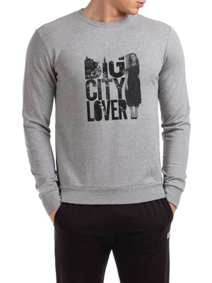 Qivi Big City Lover Baskılı Gri Erkek Örme Sweatshirt Uzun Kol