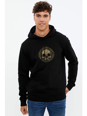 Qivi Skull Hd Android Baskılı Siyah Erkek Örme Kapşonlu Sweatshirt Uzun Kol