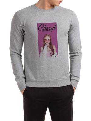 Qivi Riverdale Cheryl Blossom Baskılı Gri Erkek Örme Sweatshirt Uzun Kol