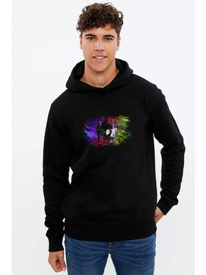 Qivi Computer Skull Baskılı Siyah Erkek Örme Kapşonlu Sweatshirt Uzun Kol