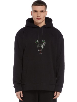 Qivi Kurt Mozaik Wolf Baskılı Siyah Erkek Örme Kapşonlu Sweatshirt Uzun Kol