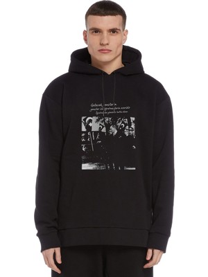 Qivi Öğretmenler Günü Gelecek Sizin Eserinizdir Atatürk Baskılı Siyah Erkek Örme Kapşonlu Sweatshirt Uzun