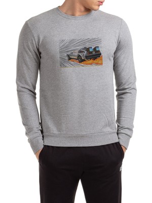 Qivi Back To The Future Car Baskılı Gri Erkek Örme Sweatshirt Uzun Kol