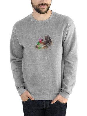 Qivi Çiçek Sanat Soyut Suluboya Baskılı Gri Erkek Örme Sweatshirt Uzun Kol