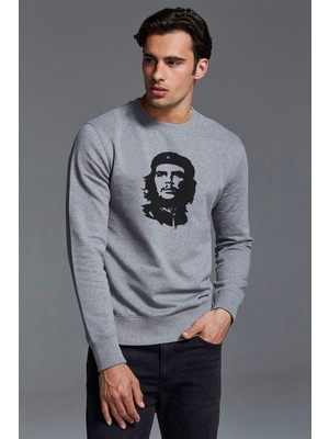 Qivi Che Guevara Baskılı Gri Erkek Örme Sweatshirt Uzun Kol