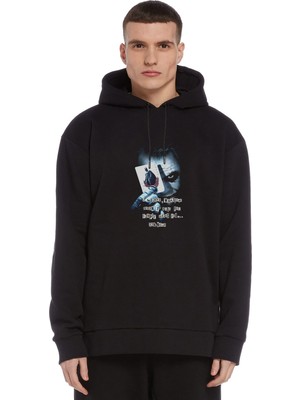 Qivi Why So Serıous Baskılı Siyah Erkek Örme Kapşonlu Sweatshirt Uzun Kol