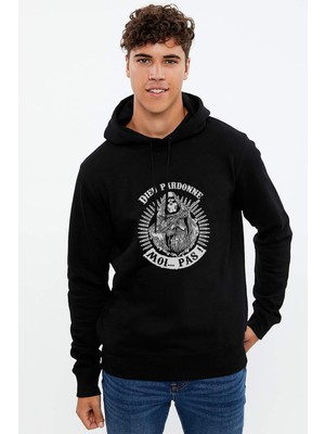 Qivi Dieu Pardonne Moi Pas Baskılı Siyah Erkek Örme Kapşonlu Sweatshirt Uzun Kol