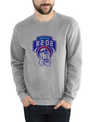 Qivi R2D2 Baskılı Gri Erkek Örme Sweatshirt Uzun Kol