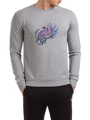 Qivi Scorpion Colour Mix Baskılı Gri Erkek Örme Sweatshirt Uzun Kol