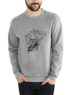 Qivi Rider Kurukafa Ghost Rider Baskılı Gri Erkek Örme Sweatshirt Uzun Kol