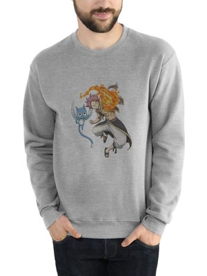 Qivi Anime Tail Natsu & Happy Baskılı Gri Erkek Örme Sweatshirt Uzun Kol