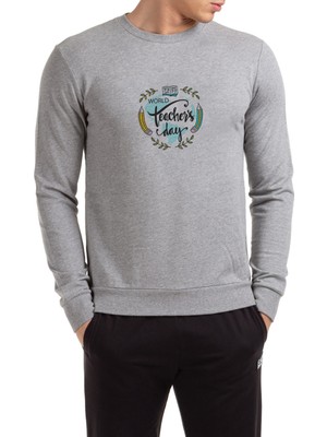 Qivi World's Best Teacher Öğretmenler Günü Baskılı Gri Erkek Örme Sweatshirt Uzun Kol