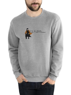Qivi Sherlock Shock Blanket Baskılı Gri Erkek Örme Sweatshirt Uzun Kol