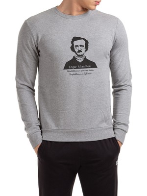Qivi Edgar Allan Poe Baskılı Gri Erkek Örme Sweatshirt Uzun Kol