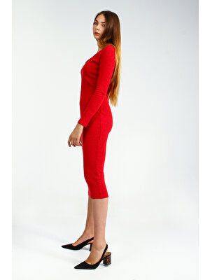 Collezione Kırmızı Kadın V Yaka Triko Uzun Kol Elbise