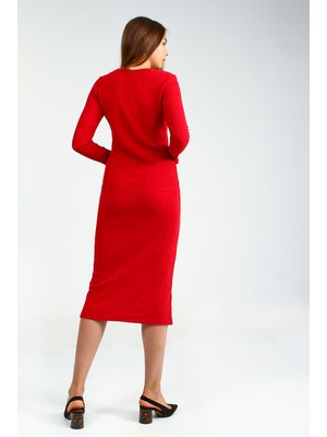 Collezione Kırmızı Kadın V Yaka Triko Uzun Kol Elbise