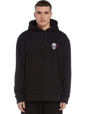 Qivi Cool Skull With Baskılı Siyah Erkek Örme Kapşonlu Sweatshirt Uzun Kol