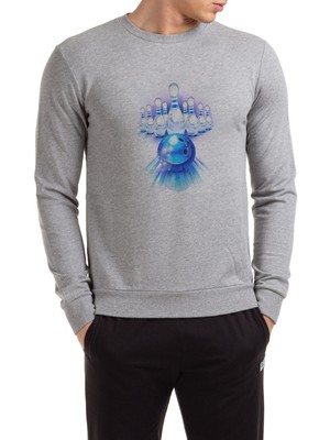 Qivi Bowling Topu Baskılı Gri Erkek Örme Sweatshirt Uzun Kol