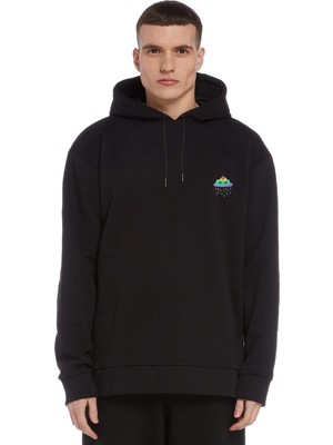 Qivi Unicorn Dream Baskılı Siyah Erkek Örme Kapşonlu Sweatshirt Uzun Kol