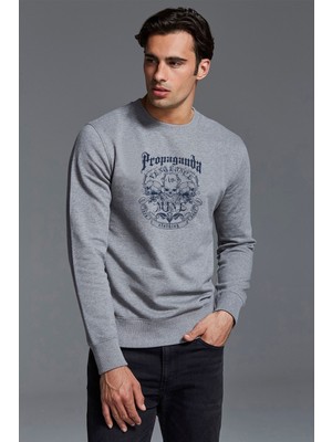 Qivi Propaganda ve Siyah Kurukafa Intikamı Baskılı Gri Erkek Örme Sweatshirt Uzun Kol