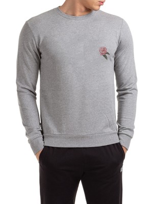 Qivi Çiçek Suluboya Boya El Boyaması Suluboya Baskılı Gri Erkek Örme Sweatshirt Uzun Kol