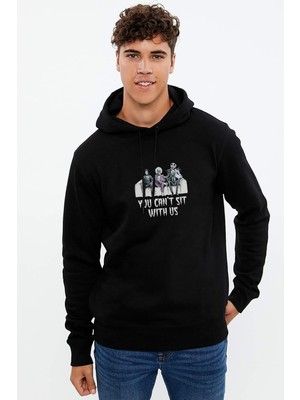 Qivi You Cant Sit With Us Tim Baskılı Siyah Erkek Örme Kapşonlu Sweatshirt Uzun Kol
