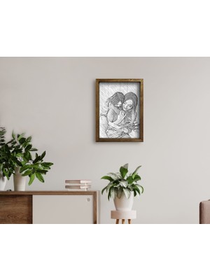 Bk Gift Karakalem Anne Kız Fotoğraflı Doğal Masif Ahşap Çerçeveli Tablo 45X65CM-1