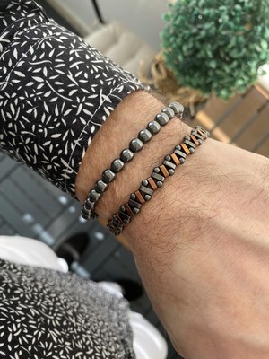Jenny Daphne Zikzak & Hematit 2 Adet Doğaltaş Erkek Bileklik Seti  makrome Ayarlamalı Örgü