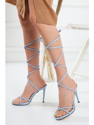 Moda Arena Kadın Mavi Bağcıklı 10 cm Ince Topuklu Yazlık Ayakkabı