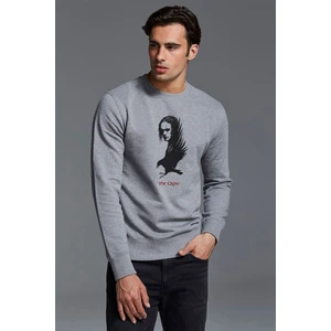 The Crow Baskılı Gri Erkek Örme Sweatshirt Uzun Kol