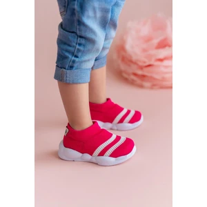 First Step Ultra Hafif Memory Foam Iç Taban Çocuk Triko Spor Ayakkabı Beyaz Şeritli FUŞYA-M-1002