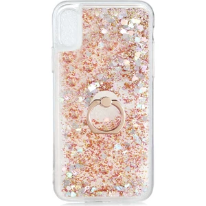noktaks - Apple iPhone XS 5.8 - Kılıf Yüzüklü Simli Sıvılı Milce Kapak - Gold