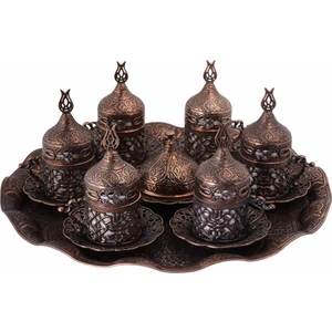 Bazaar 4 Osmanlı Lale Motifli Türk Kahvesi Seti 6 Kişilik - Antik Bakır