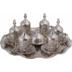 Bazaar 4 Osmanlı Lale Motifli Türk Kahvesi Seti 6 Kişilik - Gümüş Rengi