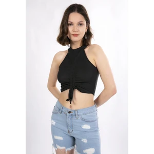 Mınt.21 Halter Yaka Önden Büzgülü Siyah Crop Örme Bluz