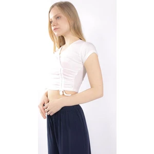 Mınt.21 Önden Büzgülü Kruvaze Beyaz Örme Bluz