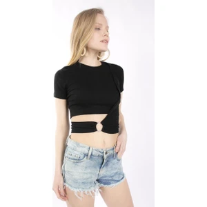 Mınt.21 Halka Detaylı Kruvaze Crop Siyah Örme Bluz