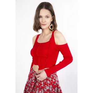 Mınt.21 Omuz Detaylı Crop Kırmızı Patchwork Örme Bluz