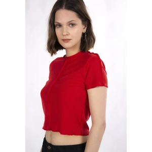 Mınt.21 Önden Dikişli Kırmızı Crop Örme Bluz