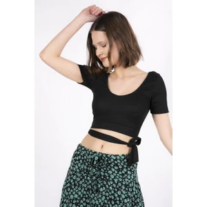 Mınt.21 Belden Bağlamalı Siyah Crop Örme Bluz